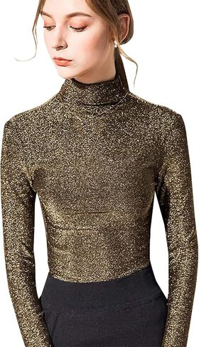LONGBIDA Women's Slim fit Long Sleeve Turtleneck Glitter Tee Blouse Tops in Saudi Arabia