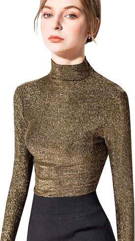 LONGBIDA Women's Slim fit Long Sleeve Turtleneck Glitter Tee Blouse Tops in Saudi Arabia