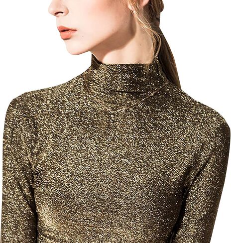 LONGBIDA Women's Slim fit Long Sleeve Turtleneck Glitter Tee Blouse Tops in Saudi Arabia