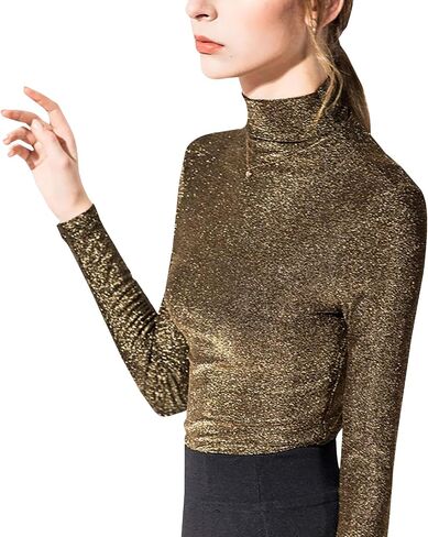 LONGBIDA Women's Slim fit Long Sleeve Turtleneck Glitter Tee Blouse Tops in Saudi Arabia