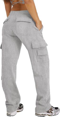 Waitfairy Womens Cargo Sweatpants Casual High Waisted Joggers Pants Fleece Wide Leg Sweat Pants Baggy Pants with Pocket in Saudi Arabia