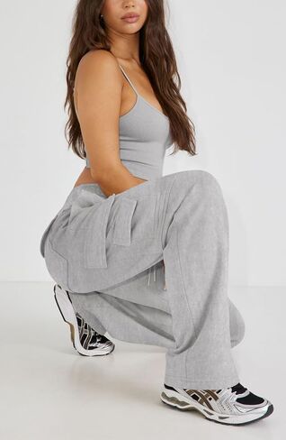 Waitfairy Womens Cargo Sweatpants Casual High Waisted Joggers Pants Fleece Wide Leg Sweat Pants Baggy Pants with Pocket in Saudi Arabia