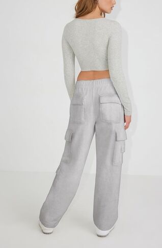 Waitfairy Womens Cargo Sweatpants Casual High Waisted Joggers Pants Fleece Wide Leg Sweat Pants Baggy Pants with Pocket in Saudi Arabia