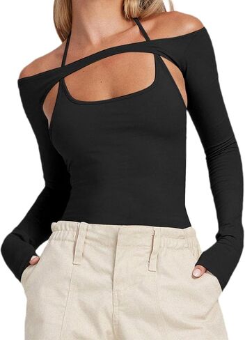 popvil Women's Sexy Backless Long Sleeve Bodysuit Halter Bodycon Off Shoulder Body Suit in Saudi Arabia