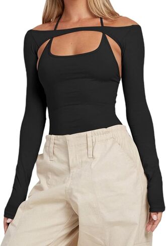 popvil Women's Sexy Backless Long Sleeve Bodysuit Halter Bodycon Off Shoulder Body Suit in Saudi Arabia