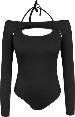 popvil Women's Sexy Backless Long Sleeve Bodysuit Halter Bodycon Off Shoulder Body Suit in Saudi Arabia