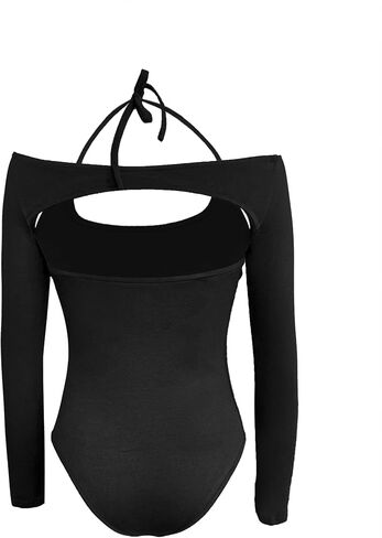 popvil Women's Sexy Backless Long Sleeve Bodysuit Halter Bodycon Off Shoulder Body Suit in Saudi Arabia