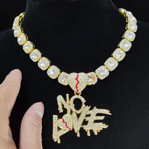 N-Made جميلة لا سلسلة الحب كسر القلب سلسلة مثلج خارج قلادة، مثلج المعلقات للرجال والنساء، مثلج خارج سلسلة، الهيب هوب لا الحب قلادة قلادة سلسلة عرض 15mm سلسلة الكوبية in Saudi Arabia