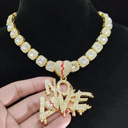 N-Made جميلة لا سلسلة الحب كسر القلب سلسلة مثلج خارج قلادة، مثلج المعلقات للرجال والنساء، مثلج خارج سلسلة، الهيب هوب لا الحب قلادة قلادة سلسلة عرض 15mm سلسلة الكوبية in Saudi Arabia