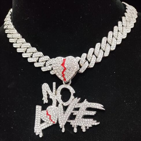 N-Made جميلة لا سلسلة الحب كسر القلب سلسلة مثلج خارج قلادة، مثلج المعلقات للرجال والنساء، مثلج خارج سلسلة، الهيب هوب لا الحب قلادة قلادة سلسلة عرض 15mm سلسلة الكوبية in Saudi Arabia