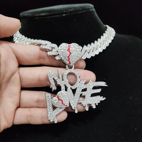 N-Made جميلة لا سلسلة الحب كسر القلب سلسلة مثلج خارج قلادة، مثلج المعلقات للرجال والنساء، مثلج خارج سلسلة، الهيب هوب لا الحب قلادة قلادة سلسلة عرض 15mm سلسلة الكوبية in Saudi Arabia