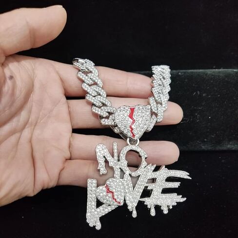 N-Made جميلة لا سلسلة الحب كسر القلب سلسلة مثلج خارج قلادة، مثلج المعلقات للرجال والنساء، مثلج خارج سلسلة، الهيب هوب لا الحب قلادة قلادة سلسلة عرض 15mm سلسلة الكوبية in Saudi Arabia
