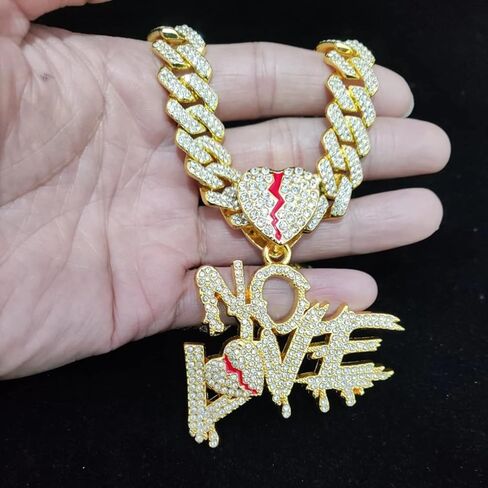 N-Made جميلة لا سلسلة الحب كسر القلب سلسلة مثلج خارج قلادة، مثلج المعلقات للرجال والنساء، مثلج خارج سلسلة، الهيب هوب لا الحب قلادة قلادة سلسلة عرض 15mm سلسلة الكوبية in Kuwait