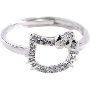 حلقة كيتي مطلية بالفضة من Xerial Kawaii، حلقة هريرة مفتوحة قابلة للتعديل، حلقات قطة لطيفة، هدية مجوهرات للفتيات الصديقات والنساء in Kuwait