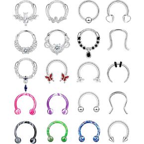 فلوريديكو 20 قطعة من خواتم الحاجز الانفي 16 غرام، مجوهرات للحاجز الانفي للنساء، اقراط متدلية للحاجز الانفي على شكل دمعة زركونيا مكعب فراشة حدوة حصان، اقراط حلقية للانف والشفاه والزنمة والغضروف من in Kuwait