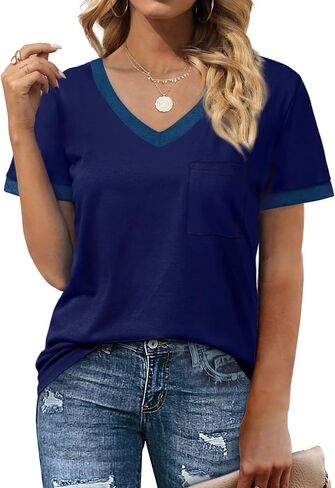 Geifa Womens T Shirts Short Sleeve V Neck Loose Casual Summer Tops 2026 with Pocket in Saudi Arabia