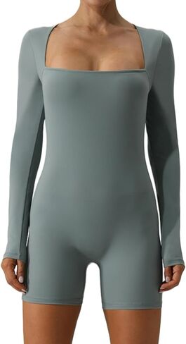 YHBAO Womens Square Neck Romper Long Sleeve Bodycon Stretchy Short Unitard Jumpsuit in Saudi Arabia