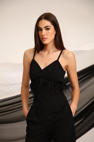Donna Morgan womens Feather Detail Jumpsuit Event Occasion Party Date Night Out Guest ofFormal Night Out Dress in Saudi Arabia