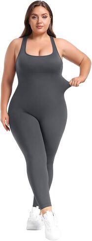 BLEVONH Women Backless Jumpsuits Sleeveless Scoop Neck Workout Yoga Jumpsuit Built In Bra Plus size in Kuwait