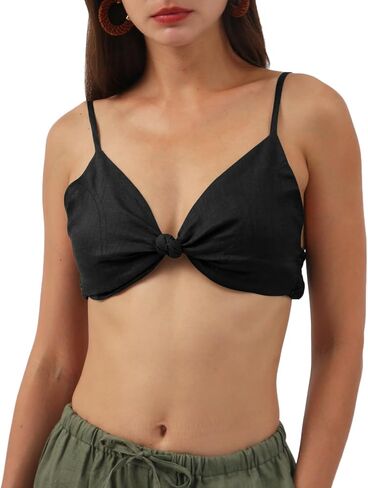 Amazhiyu Womens Pure Linen Front Knot V Neck Bikini Tops Casual Crop Cami in Saudi Arabia