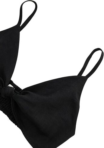 Amazhiyu Womens Pure Linen Front Knot V Neck Bikini Tops Casual Crop Cami in Saudi Arabia