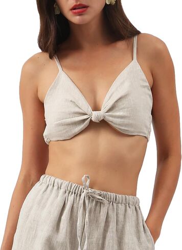 Amazhiyu Womens Pure Linen Front Knot V Neck Bikini Tops Casual Crop Cami in Saudi Arabia