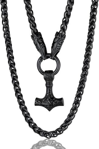ChainsProMax Men Chunky Viking Mjolnir/Fenrir Wolf/Celtic/Rune Necklace, with 28inches Chain, Can Custom, Stainless Steel Norse Viking Jewelry, Gold Plated/Black, Send Gift Box in Saudi Arabia