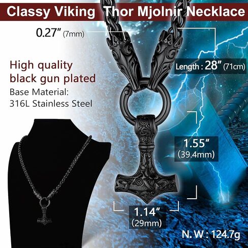 ChainsProMax Men Chunky Viking Mjolnir/Fenrir Wolf/Celtic/Rune Necklace, with 28inches Chain, Can Custom, Stainless Steel Norse Viking Jewelry, Gold Plated/Black, Send Gift Box in Saudi Arabia