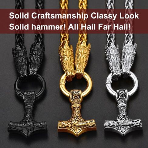 ChainsProMax Men Chunky Viking Mjolnir/Fenrir Wolf/Celtic/Rune Necklace, with 28inches Chain, Can Custom, Stainless Steel Norse Viking Jewelry, Gold Plated/Black, Send Gift Box in Saudi Arabia