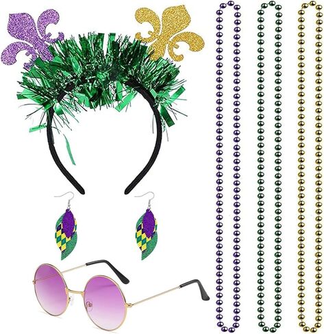 NIUEFH ماردي غرا عقال مجموعة إكسسوار زي مع ماردي غرا الخرز القلائد أقراط نظارات للنساء فتاة حفلة تنكرية لوازم in Kuwait