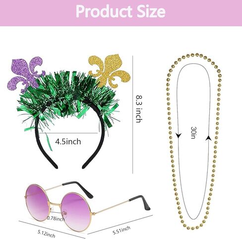 NIUEFH ماردي غرا عقال مجموعة إكسسوار زي مع ماردي غرا الخرز القلائد أقراط نظارات للنساء فتاة حفلة تنكرية لوازم in Kuwait