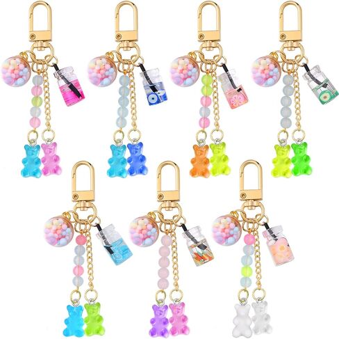 Hoosige 7 Pcs Cute Bear Keychain Animal Bear Floating Bottle Handbag Pendant Keyring Multicolor Charms Car Keys Resin Keychain for Women Men Girls, 7 styles in Kuwait