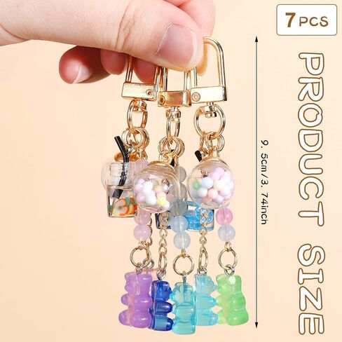 Hoosige 7 Pcs Cute Bear Keychain Animal Bear Floating Bottle Handbag Pendant Keyring Multicolor Charms Car Keys Resin Keychain for Women Men Girls, 7 styles in Kuwait
