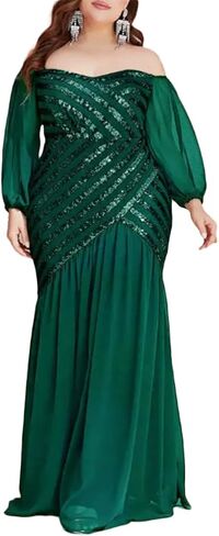 فستان طويل أنيق للسيدات من Cololura بدون أكتاف مقاس كبير وأكمام طويلة للحفلات المسائية باللون الأخضر in Kuwait