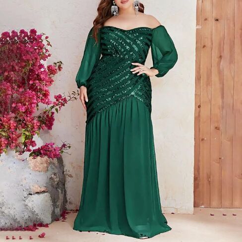 فستان طويل أنيق للسيدات من Cololura بدون أكتاف مقاس كبير وأكمام طويلة للحفلات المسائية باللون الأخضر in Kuwait