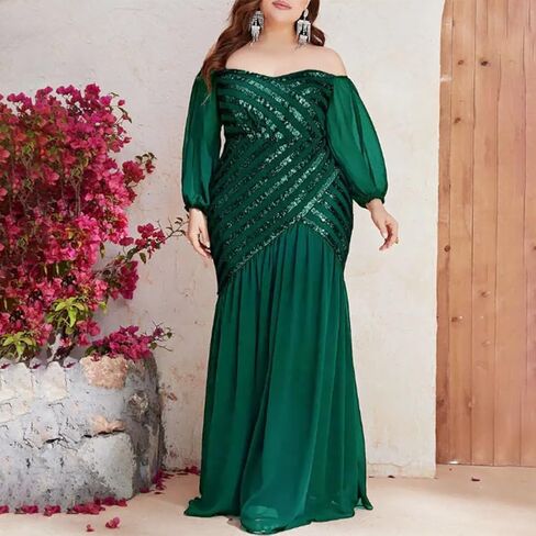 فستان طويل أنيق للسيدات من Cololura بدون أكتاف مقاس كبير وأكمام طويلة للحفلات المسائية باللون الأخضر in Kuwait