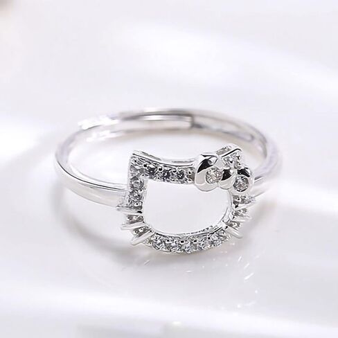 حلقة كيتي مطلية بالفضة من Xerial Kawaii، حلقة هريرة مفتوحة قابلة للتعديل، حلقات قطة لطيفة، هدية مجوهرات للفتيات الصديقات والنساء in Kuwait