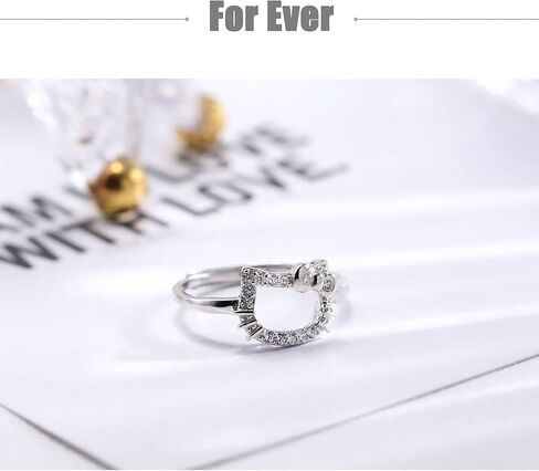 حلقة كيتي مطلية بالفضة من Xerial Kawaii، حلقة هريرة مفتوحة قابلة للتعديل، حلقات قطة لطيفة، هدية مجوهرات للفتيات الصديقات والنساء in Kuwait