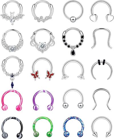 فلوريديكو 20 قطعة من خواتم الحاجز الانفي 16 غرام، مجوهرات للحاجز الانفي للنساء، اقراط متدلية للحاجز الانفي على شكل دمعة زركونيا مكعب فراشة حدوة حصان، اقراط حلقية للانف والشفاه والزنمة والغضروف من in Kuwait