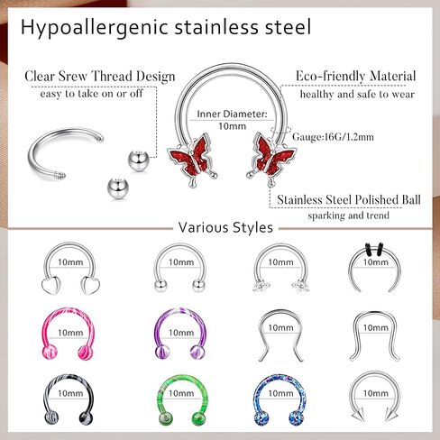 فلوريديكو 20 قطعة من خواتم الحاجز الانفي 16 غرام، مجوهرات للحاجز الانفي للنساء، اقراط متدلية للحاجز الانفي على شكل دمعة زركونيا مكعب فراشة حدوة حصان، اقراط حلقية للانف والشفاه والزنمة والغضروف من in Kuwait