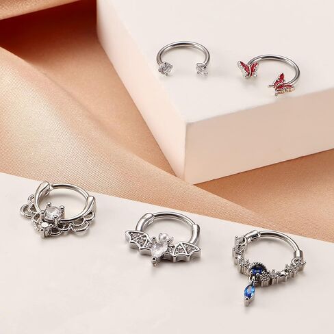 فلوريديكو 20 قطعة من خواتم الحاجز الانفي 16 غرام، مجوهرات للحاجز الانفي للنساء، اقراط متدلية للحاجز الانفي على شكل دمعة زركونيا مكعب فراشة حدوة حصان، اقراط حلقية للانف والشفاه والزنمة والغضروف من in Kuwait