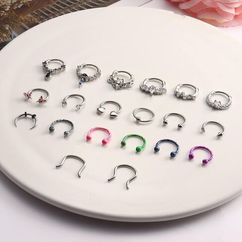 فلوريديكو 20 قطعة من خواتم الحاجز الانفي 16 غرام، مجوهرات للحاجز الانفي للنساء، اقراط متدلية للحاجز الانفي على شكل دمعة زركونيا مكعب فراشة حدوة حصان، اقراط حلقية للانف والشفاه والزنمة والغضروف من in Kuwait