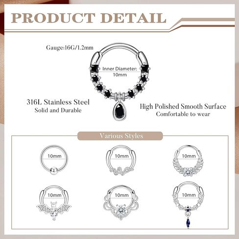 فلوريديكو 20 قطعة من خواتم الحاجز الانفي 16 غرام، مجوهرات للحاجز الانفي للنساء، اقراط متدلية للحاجز الانفي على شكل دمعة زركونيا مكعب فراشة حدوة حصان، اقراط حلقية للانف والشفاه والزنمة والغضروف من in Kuwait