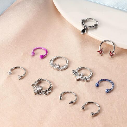 فلوريديكو 20 قطعة من خواتم الحاجز الانفي 16 غرام، مجوهرات للحاجز الانفي للنساء، اقراط متدلية للحاجز الانفي على شكل دمعة زركونيا مكعب فراشة حدوة حصان، اقراط حلقية للانف والشفاه والزنمة والغضروف من in Kuwait