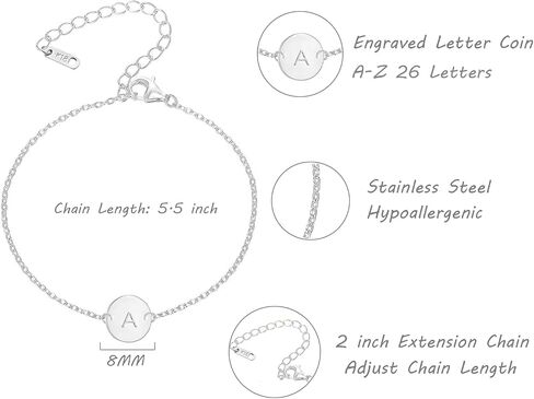 Personalized Initial Bracelet for Women, Stainless Steel Letters Bracelet Delicate Coin Dainty Disc Alphabet Charm Bracelet Monogram Name Bracelet for Girls in Saudi Arabia