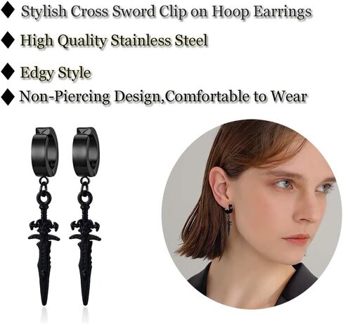 Unisex Punk Hip Hop Stainless Steel Silver Black Gold Tone Lock Thunder Lightning Bolt Dangle Huggie Hoop Earrings Gift for Women Men Boy Teens in Saudi Arabia