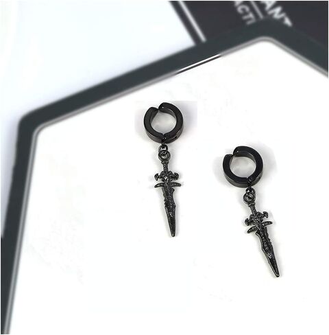 Unisex Punk Hip Hop Stainless Steel Silver Black Gold Tone Lock Thunder Lightning Bolt Dangle Huggie Hoop Earrings Gift for Women Men Boy Teens in Saudi Arabia
