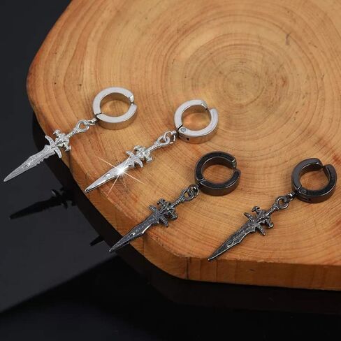 Unisex Punk Hip Hop Stainless Steel Silver Black Gold Tone Lock Thunder Lightning Bolt Dangle Huggie Hoop Earrings Gift for Women Men Boy Teens in Saudi Arabia