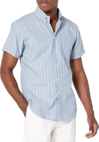 Naked & Famous Denim Men's Short Sleeve Easy Shirt Fit Button Down in Vintage Dobby Stripes-Pale Blue in Kuwait