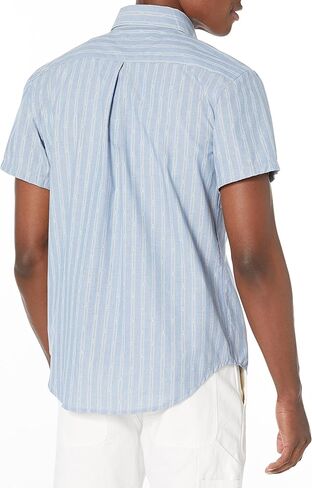 Naked & Famous Denim Men's Short Sleeve Easy Shirt Fit Button Down in Vintage Dobby Stripes-Pale Blue in Kuwait